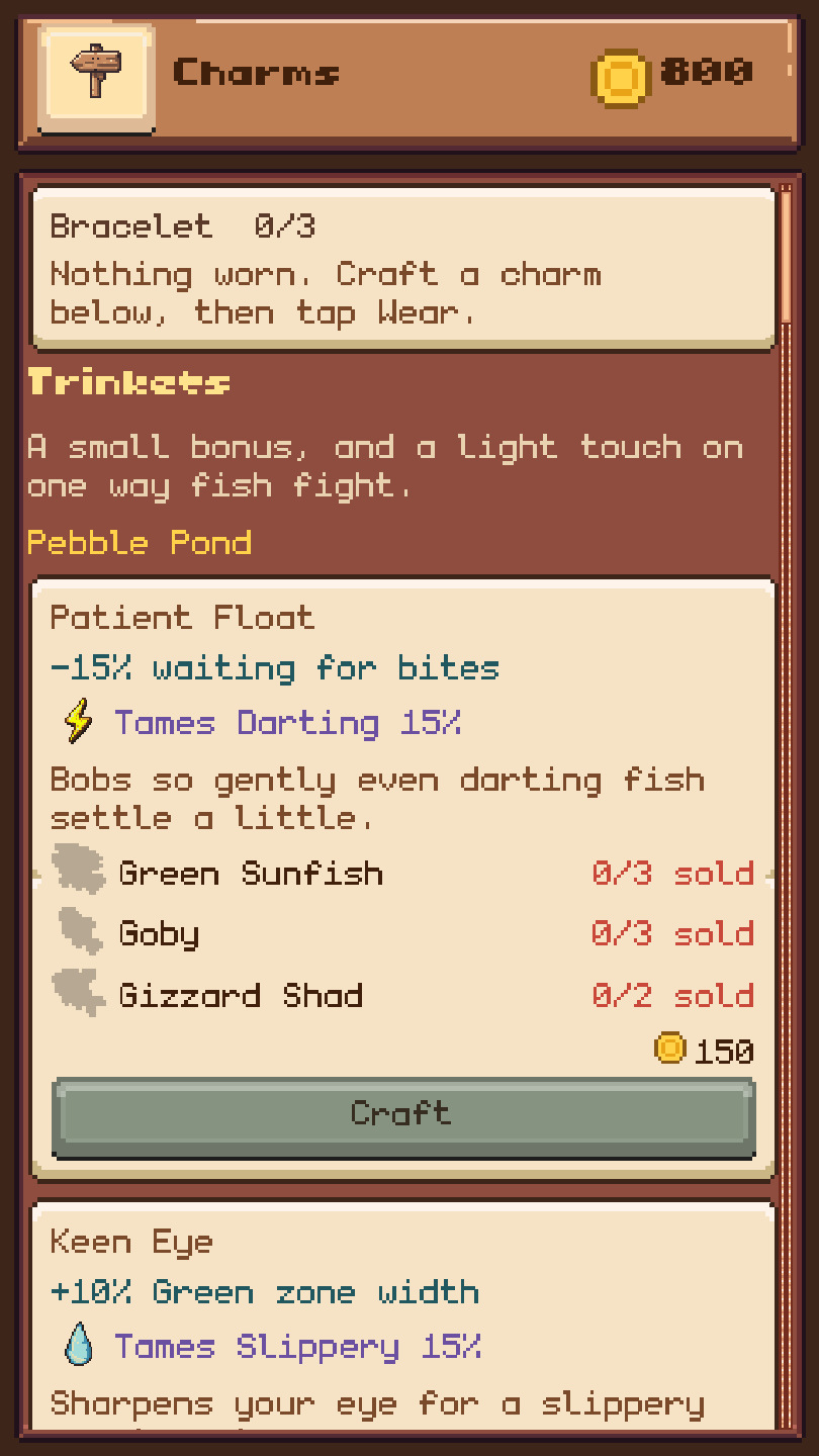 A list of charms, each crafted from fish you have sold