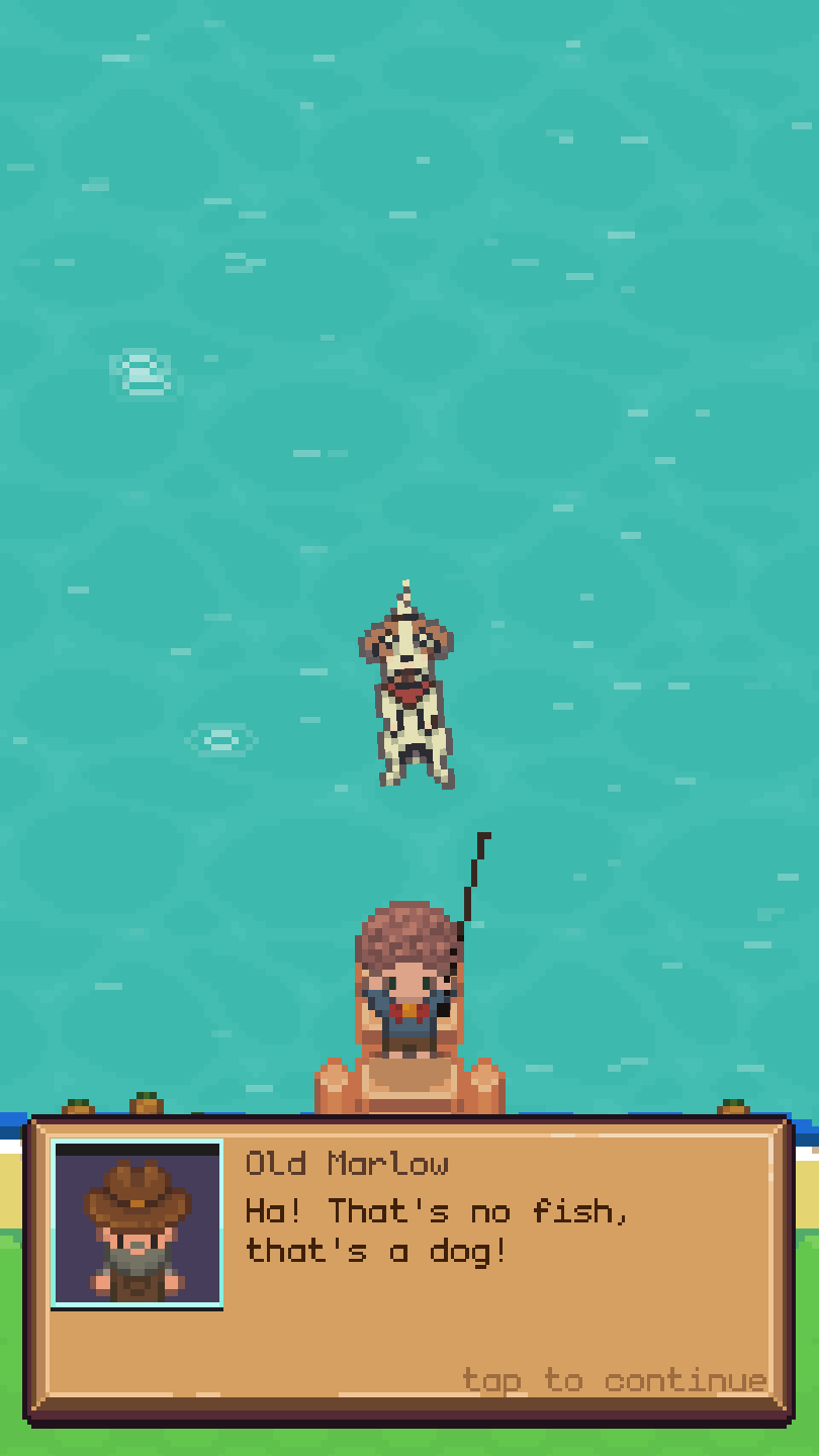 A pup dangling from the fishing line by his bandana, with an old fisherman laughing from the shore