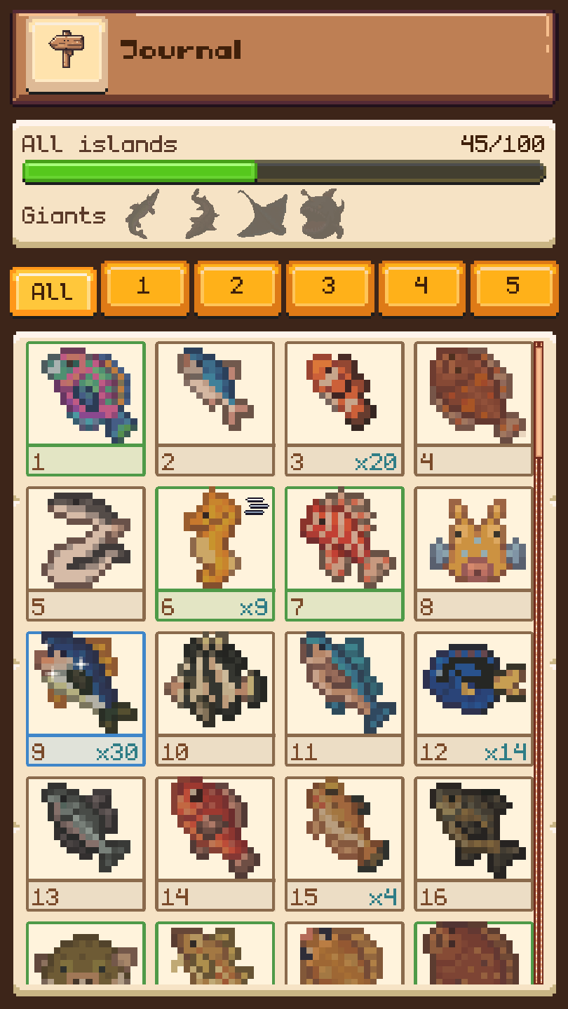 The fish journal, a grid of caught fish and silhouettes still to find